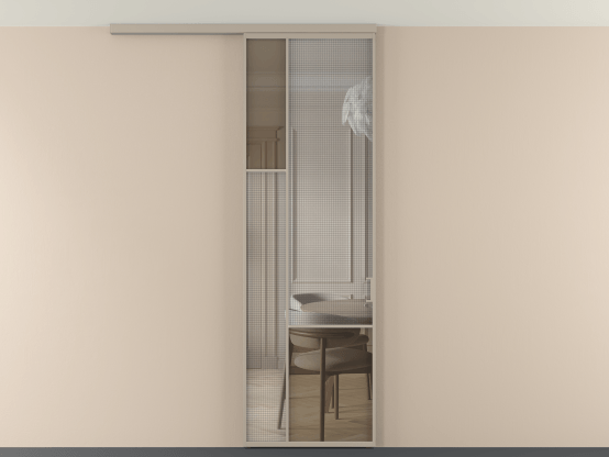 Алюминевая перегородка vdp1_6_АБСК_MS+Бронза триплекс_new. Цвет Алюминий бисквитный. Материал Алюминий в эмали. Коллекция Перегородка Mosaic вдоль стены на потолок 1 створка. Картинка.