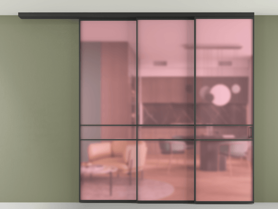 Алюминевая перегородка АЛПР 040.02_ЧРН_САТ РОЗ_new. Цвет Алюминий Черный. Материал Алюминий. Коллекция Перегородка Formato вдоль стены на потолок 3 створки с синхронным механизмом. Картинка.