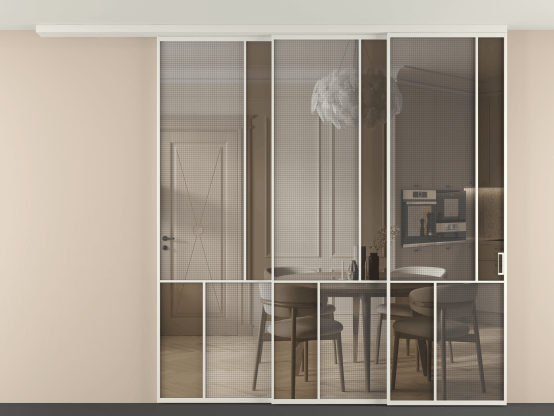 Алюминевая перегородка vdt3_1 БЕЛ. Цвет Алюминий Белый. Материал Алюминий. Коллекция Перегородка Mosaic вдоль стены на потолок 3 створки с синхронным механизмом. Картинка.