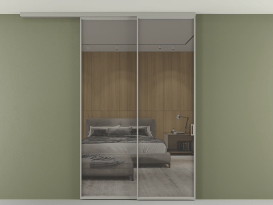 Алюминевая перегородка АЛПР 040.01_АНСР_Stopsol Grey_new. Цвет Алюминий нейтральный серый. Материал Алюминий в эмали. Коллекция Перегородка Formato вдоль стены на потолок 2 створки с синхронным механизмом. Картинка.