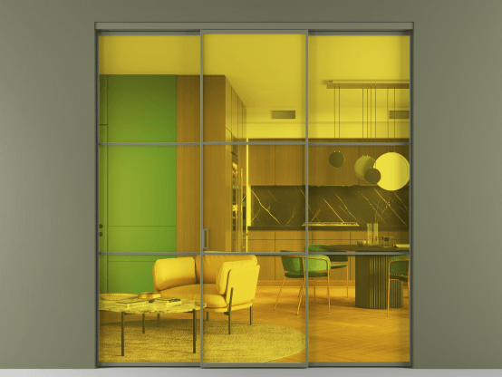 Алюминевая перегородка АЛПР 040.03_АОТ_ПРОЗ ЖЕЛ_new. Цвет Алюминий оливковый тёмный. Материал Алюминий в эмали. Коллекция Перегородка Formato внутри проёма 3 створки. Картинка.