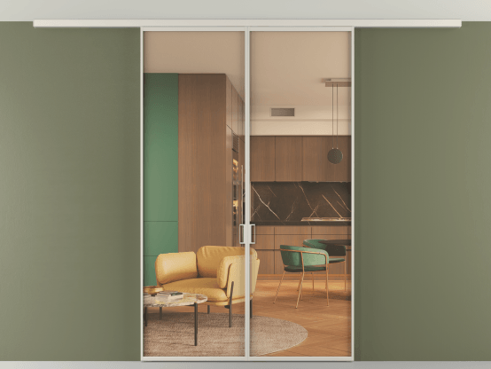 Алюминевая перегородка АЛПР 040.01_АОС_ПРОЗ ОРАНЖ_new. Цвет Алюминий облачно-серый. Материал Алюминий в эмали. Коллекция Перегородка Формато вдоль стены на потолок 2 створки. Картинка.