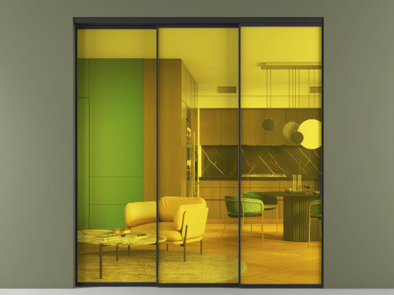 Алюминевая перегородка АЛПР 040.01_ЧРН_ПРОЗ ЖЕЛ_new. Цвет Алюминий Черный. Материал Алюминий. Коллекция Перегородка Formato внутри проёма 3 створки с синхронным механизмом. Картинка.