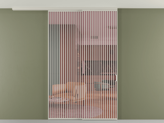 Алюминевая перегородка pv2_2_06_ Алюминий тёплый серый Прозрачное розовое стекло, триплекс, 6мм. Цвет Алюминий тёплый серый. Материал Алюминий в эмали. Коллекция Перегородка Formato вдоль стены на потолок 2 створки с синхронным механизмом. Картинка.