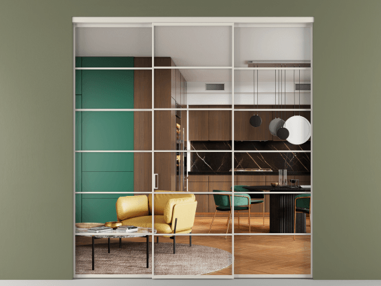 Алюминевая перегородка АЛПР 040.04_АОС_Crystalvision_new. Цвет Алюминий облачно-серый. Материал Алюминий в эмали. Коллекция Перегородка Formato внутри проёма 3 створки. Картинка.