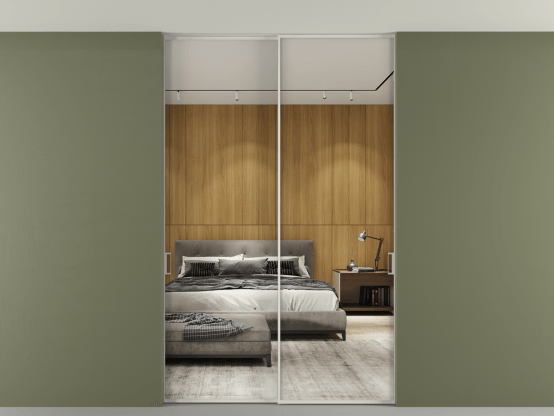 Алюминевая перегородка p2_01 Зеркало триплекс БЕЛ. Цвет Алюминий Белый. Материал Алюминий. Коллекция Перегородка Formato внутри проёма скрытое крепление в потолок 2 створки. Картинка.