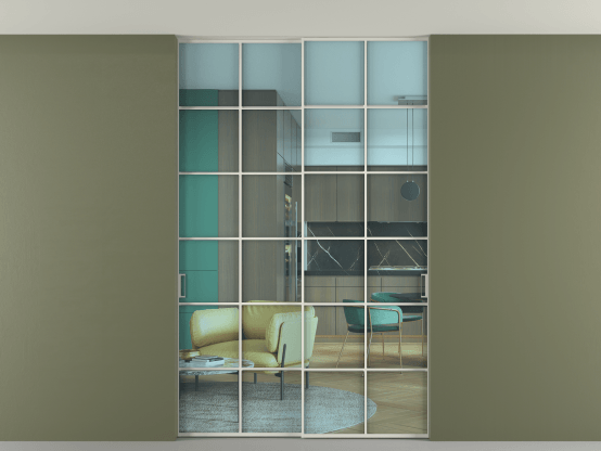 Алюминевая перегородка АЛПР 040.05_БЕЛ_ПРОЗ ГОЛ_new. Цвет Алюминий Белый. Материал Алюминий. Коллекция Перегородка Formato внутри проёма скрытое крепление в потолок 2 створки. Картинка.