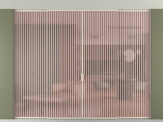 Алюминевая перегородка vn2+2_06 Алюминий бежево-серый Сатинированное розовое стекло, триплекс, 6мм. Цвет Алюминий бежево-серый. Материал Алюминий в эмали. Коллекция Перегородка Формато внутри проёма скрытое крепление в потолок 4 створки. Картинка.