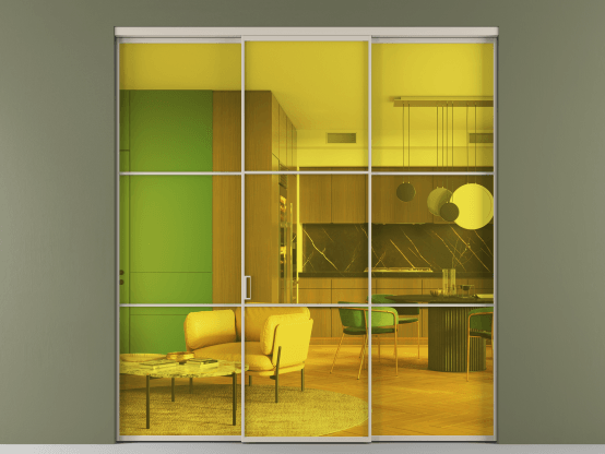 Алюминевая перегородка АЛПР 040.03_АСБЖ_ПРОЗ ЖЕЛ_new. Цвет Алюминий светло-бежевый. Материал Алюминий в эмали. Коллекция Перегородка Formato внутри проёма 3 створки. Картинка.