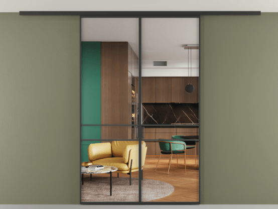 Алюминевая перегородка pv2_02 Crystal Vision прозрачное ЧЕР. Цвет Алюминий Черный. Материал Алюминий. Коллекция Перегородка Formato вдоль стены на потолок 2 створки. Картинка.