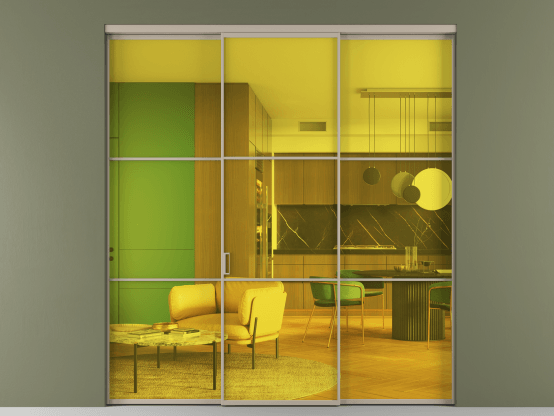 Алюминевая перегородка АЛПР 040.03_АБСК_ПРОЗ ЖЕЛ_new. Цвет Алюминий бисквитный. Материал Алюминий в эмали. Коллекция Перегородка Formato внутри проёма 3 створки. Картинка.